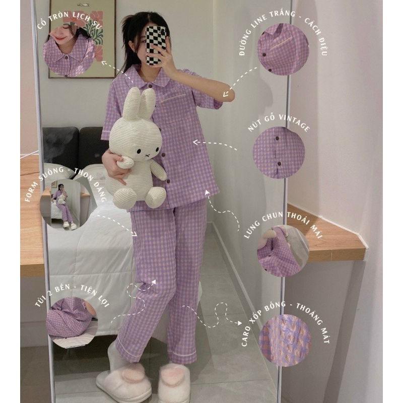 Bộ pijama kẻ caro Cộc Dài nhiều màu chất đũi họa tiết dễ thương phong cách Hàn Quốc