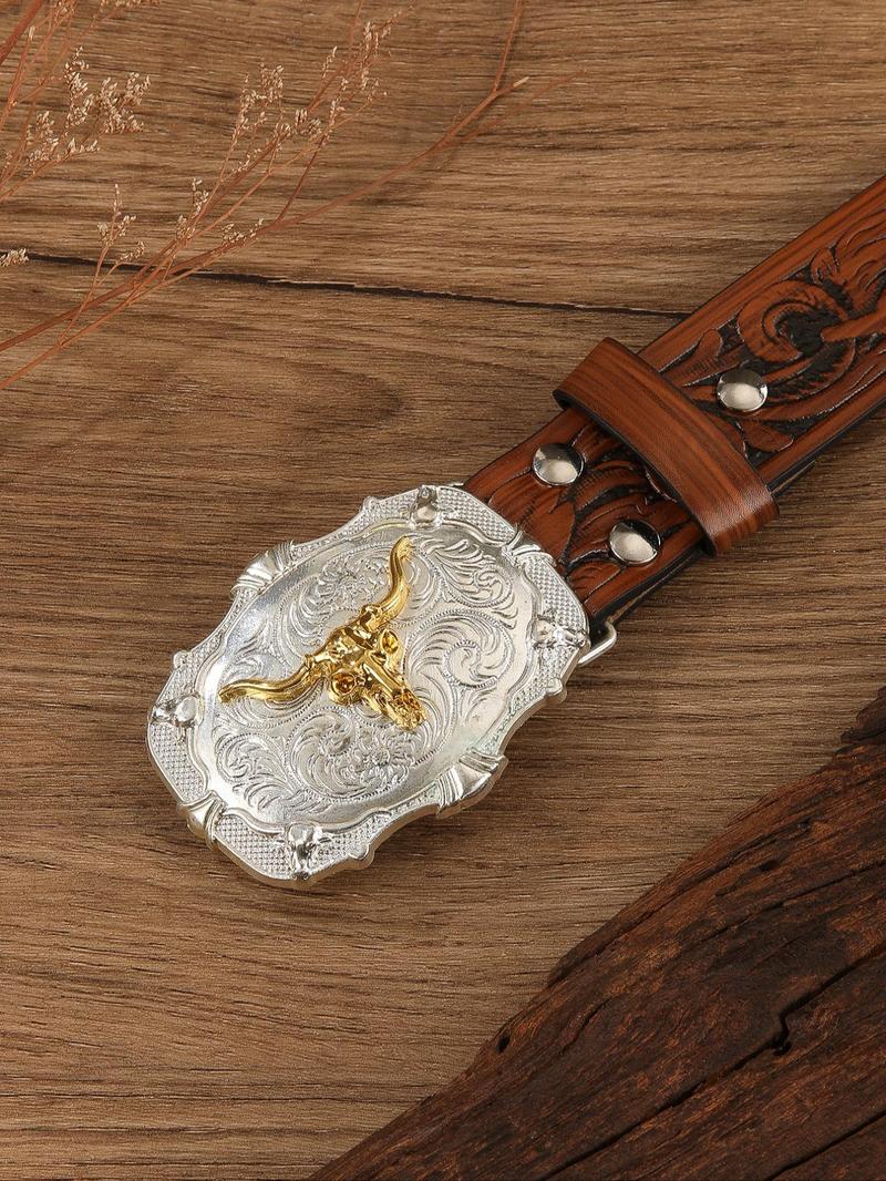 Product Introduction of Men's Bull Head Buckle Western Belt, Fashionable Feather Pattern Belt for Men, Casual Waistband for Jeans Trousers, Fashion Belt for Party, Daily Clothing Decor 4