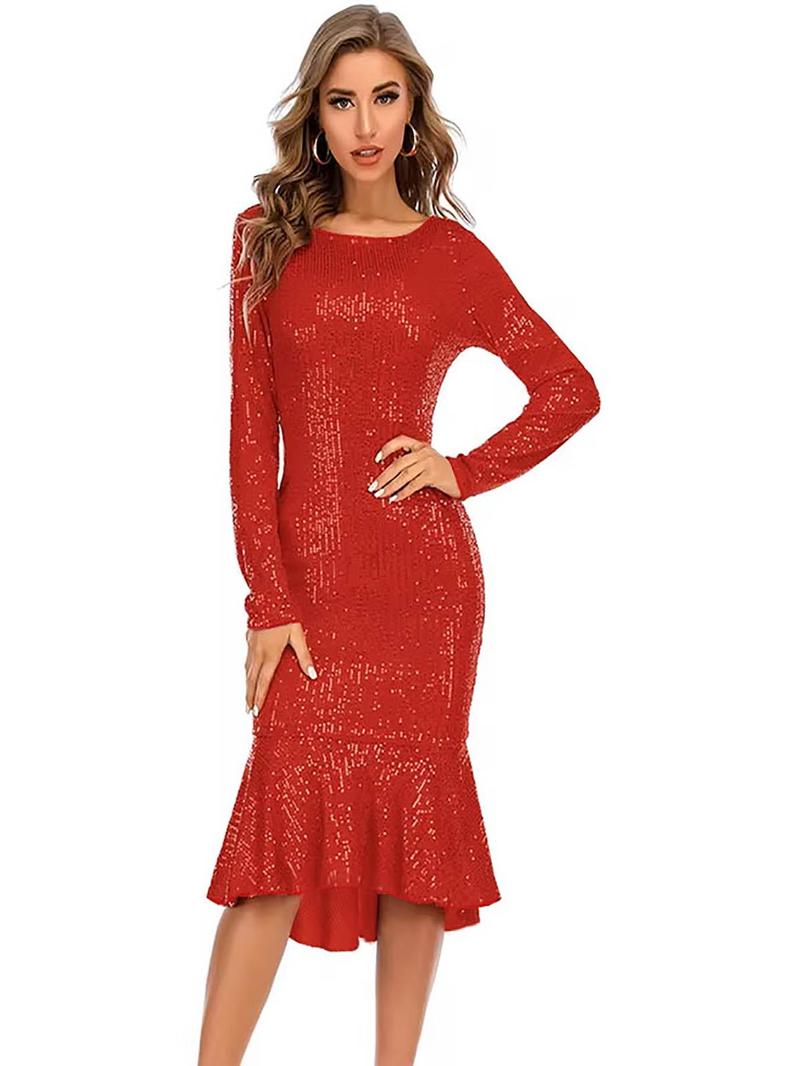 Product Introduction of Women's Glitter Sequins Ruffle Trim Bodycon Dress, Elegant Long Sleeve Round Neck Dress for Party Evening Formal Occasions, Ladies' Spring & Fall Clothes 1