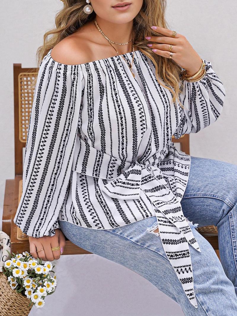 Product Introduction of CURVZY Plus Size Striped Print Knot Front Blouse, Casual Long Sleeve Off Shoulder Top for Spring & Fall, Women's Clothes for Daily Wear 4