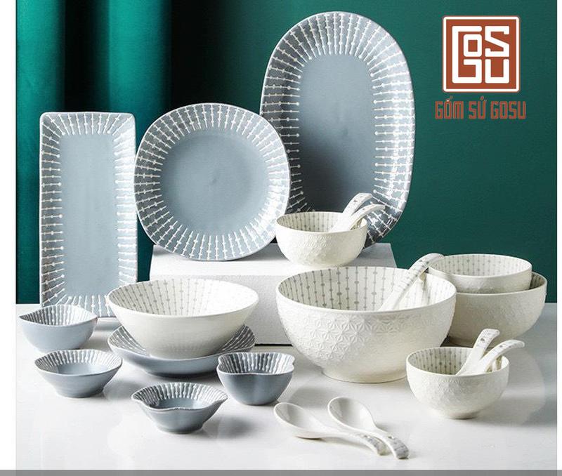 Bộ Bát Đĩa Phong Cách Bắc Âu Hoạ Tiết Trắng Xám Sọc Đơn Giản Tráng Men Sang Trọng