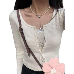 เสื้อคาร์ดิแกนถัก BM Maillard สไตล์เรโทร ดีไซน์ฤดูใบไม้ร่วง สีพื้น เก๋ไก๋ ทรงสลิมฟิต ความยาวสั้น ลายทางจม สไตล์หวาน เหมาะสำหรับจับคู่ด้านนอก สำหรับผู้หญิง Lady Clothing Women ไหม  พรมกระดุมหน้า