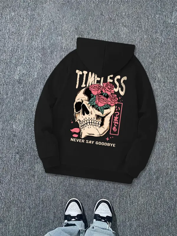 Men's Rose & Skull Print Drop Shoulder Hoodie, Fashion Casual Regular Fit Drawstring Pocket Hooded Sweatshirt for Daily Holiday Outdoor Wear, Men Clothes for Fall & Winter Valentine's Day, gift 2
