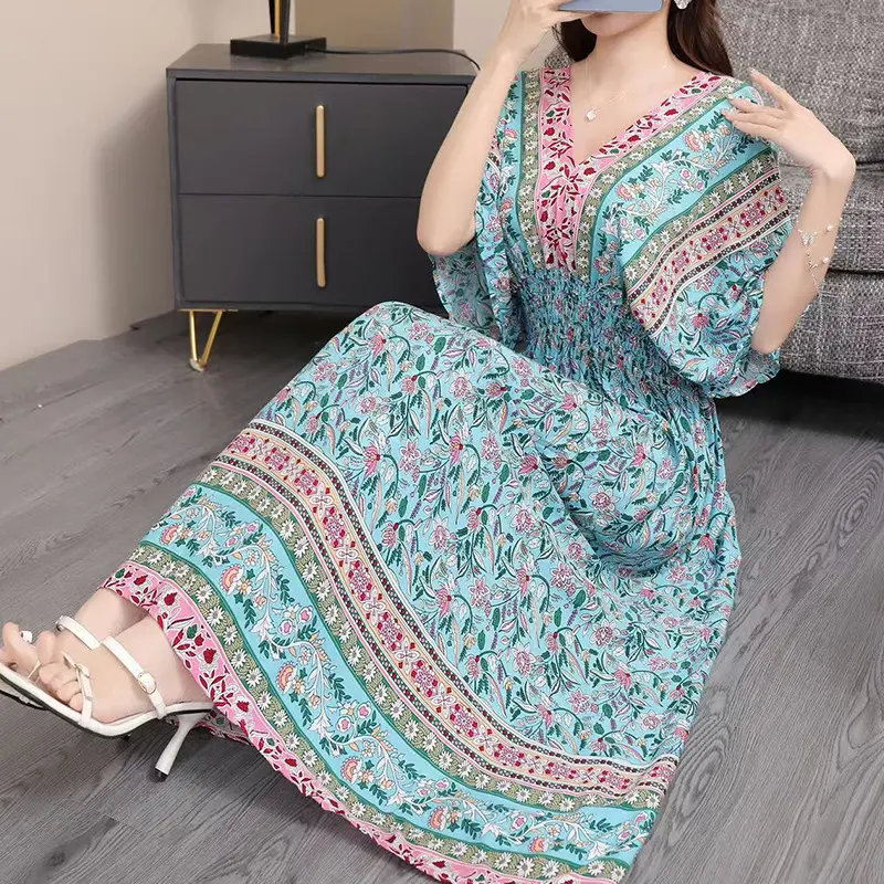 Bohemia Cotton Silk Floral Dress Long Front and Back V-neck Beach Dress  Elegant Thailand Vacation Dress Travel - TikTok Shop Philippines