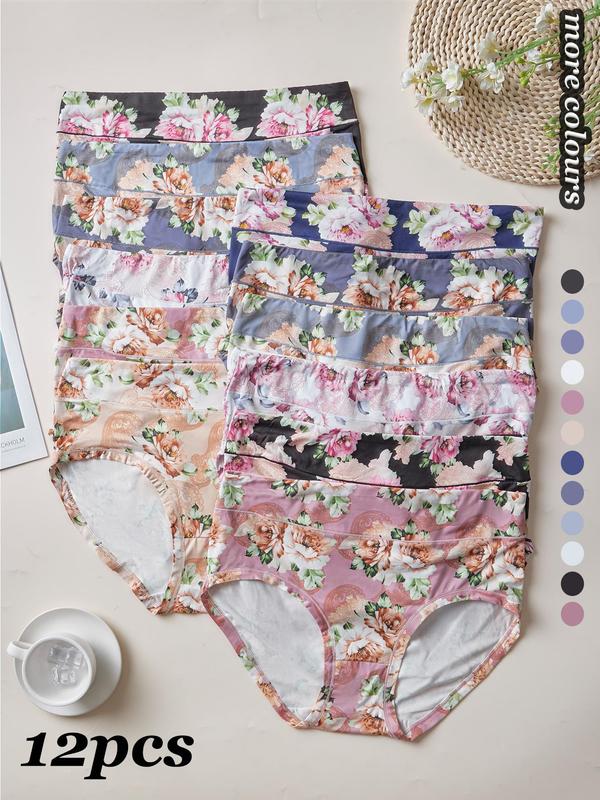 【Plus Size】Patchwork Floral Print High Waist Knicker, Soft Comfy Breathable Panty for Daily Wear, Women's Underwear for All Seasons, Womenswear 2