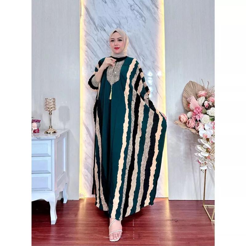 Dress Panjang Kaftan Motif Salur Bahan Rayon Super Tebal Renda Ory Sultan Mewah Wanita Muslim Dewasa Zipper Busui Gamis Lebaran Nyaman tunik syar'i remaja style korea 5