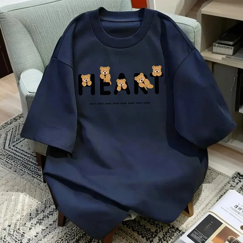 Áo Thun Nữ, Phong Cách Hợp Xu hướng Chất Liệu Cotton Nguyên Chất, Thiết Kế Hình Gấu Hoạt Hình, Thường Ngày Và Dễ Thương, Dễ Phối Đồ Áo Ngắn Tay Hàng Mới Về 3