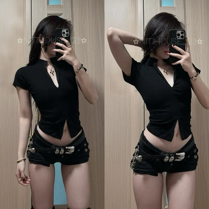 Áo thun cổ trụ ôm body dây kéo 2 chiều y2k