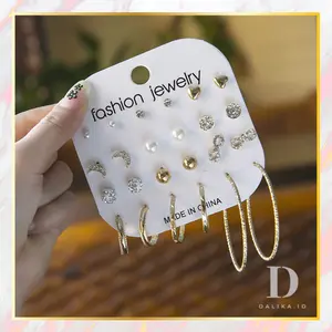 Anting Set 12 pasang Anting Tusuk Korea Hoop Bulan Sabit Infinity Permata Berlian untuk Wanita Diamond