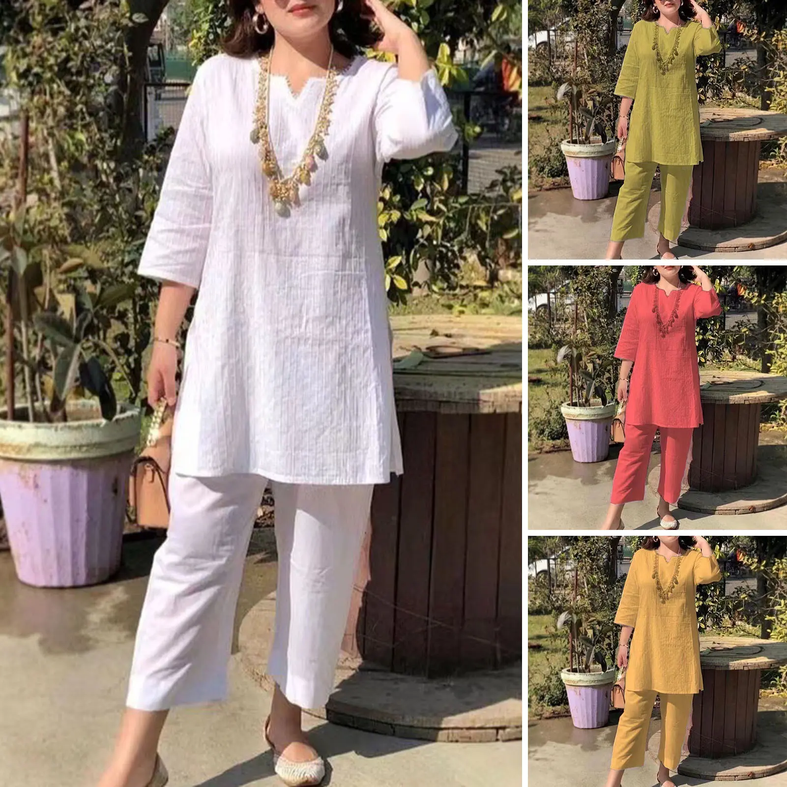 Pakaian Wanita, Gngingy, Leher V, Pinggang Bergetah, Gaya Etnik, Lengan 3 / 4, Penyerapan Peluh, Pakaian Harian, Warna Pepejal, Baju-T Musim Panas Wanita, Seluar Panjang, Pakaian Kasual, 1 Set