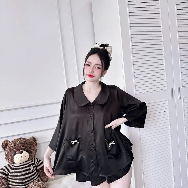 Set Bộ Đồ Ngủ Bộ Mặc Nhà Tiểu Thư Cổ Sen 2 Túi Tay Lửng Lụa Tơ Tằm CC Dành Cho Nữ 40-75kg 3