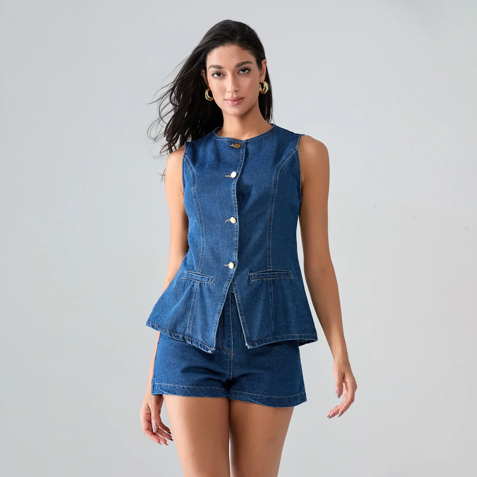 Women's Fashion Two Piece Denim Outfits Sleeveless Button Up Tank Tops Solid Color High Waist Shorts Sets