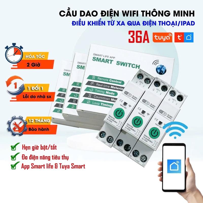 APTOMAT Wifi, Cầu dao thông minh TUYA 20A, 30A, 60A 1P, đo điện năng tiêu thụ, điều khiển từ xa