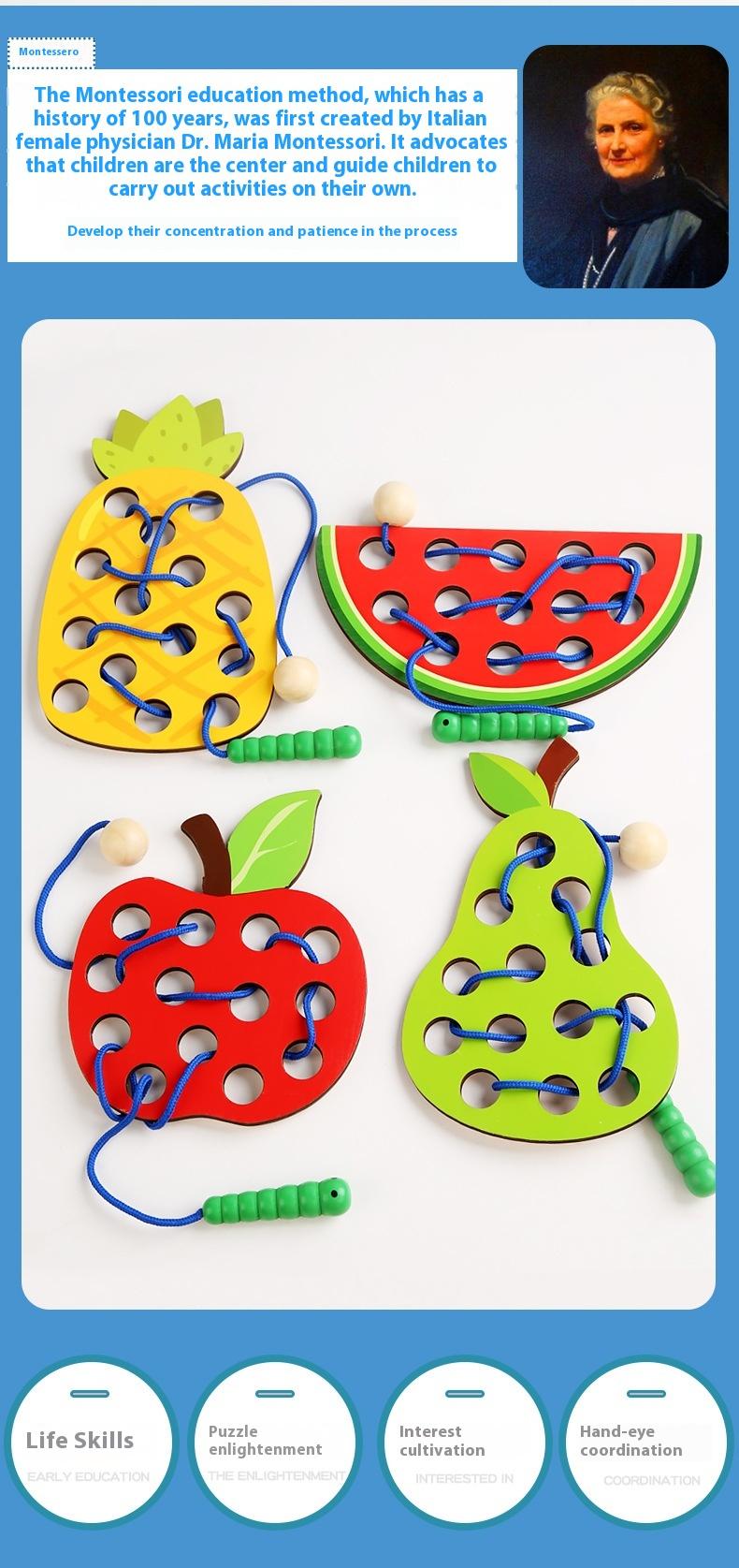Product Introduction of Wooden Fruit Threading Board Toy Kindergarten Area Put Montessori Early Education String Game 2
