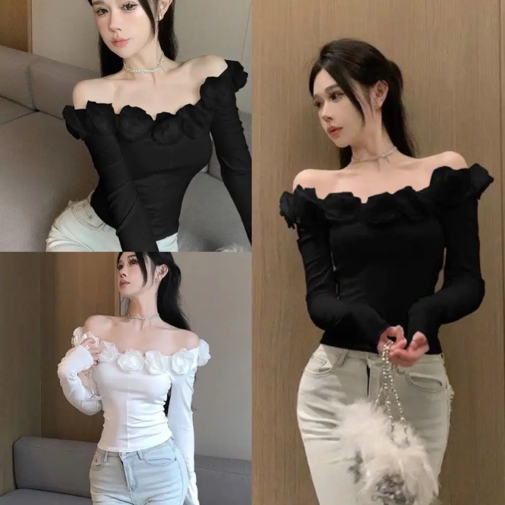 Áo trễ vai ôm body đính hoa nổi chất thun co dãn tôn dáng, Áo thun dài tay màu đen trắng kiểu mới hàn quốc, CACA SHOP