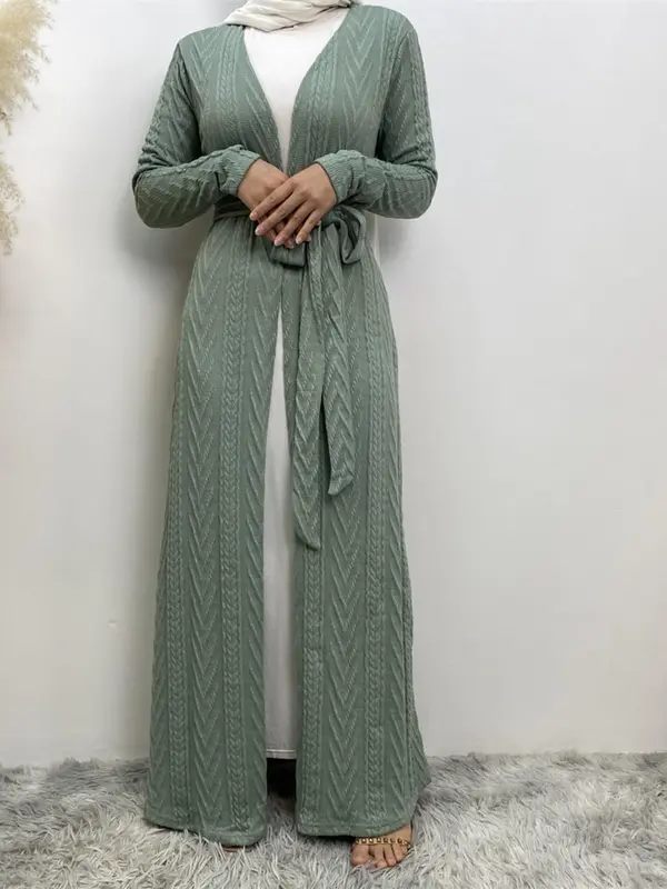 Women's Solid Long Sleeve Belted Abaya Without Hijab, Elegant Pocket Long Sleeve Open Front Outerwear, Fashion Muslim Clothing For Fall & Winter, Abaya Coat 3