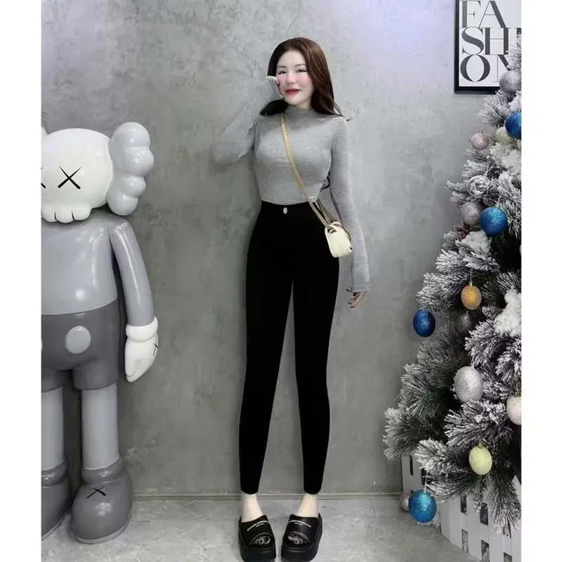 Quần Legging nữ Lưng cao 1 nút dáng dài cấp khóa kéo chất vải Umi hàn Quần tregging nữ Đi học sinh ống ôm dáng mặc làm công sở Ong Women quan  legging 0