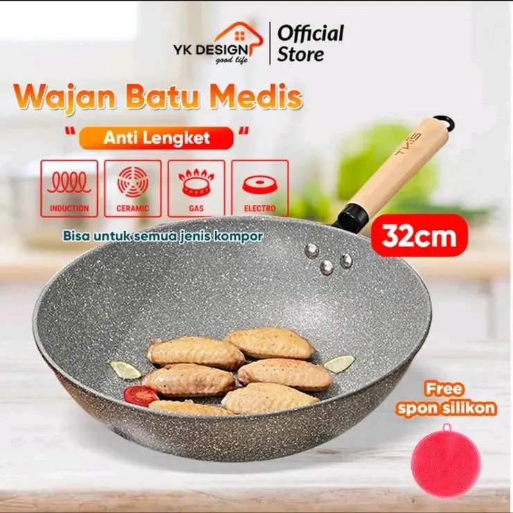 merek Tkis wajan batu medis abu abu 32cm gagang kayu