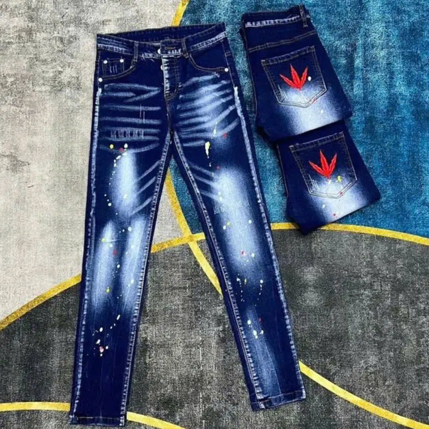 Quần jean nam xanh thêu lá phông đỏ bản 4 cúc chuẩn đẹp chất boy phố Pants Menswear