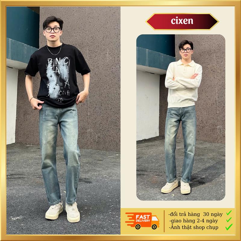 Quần jean nam ống suông màu Xanh wash xước phong cách quốc dân Menswear Lưng cao quần bò dài streetwwear đủ size S-XXL  QD3  