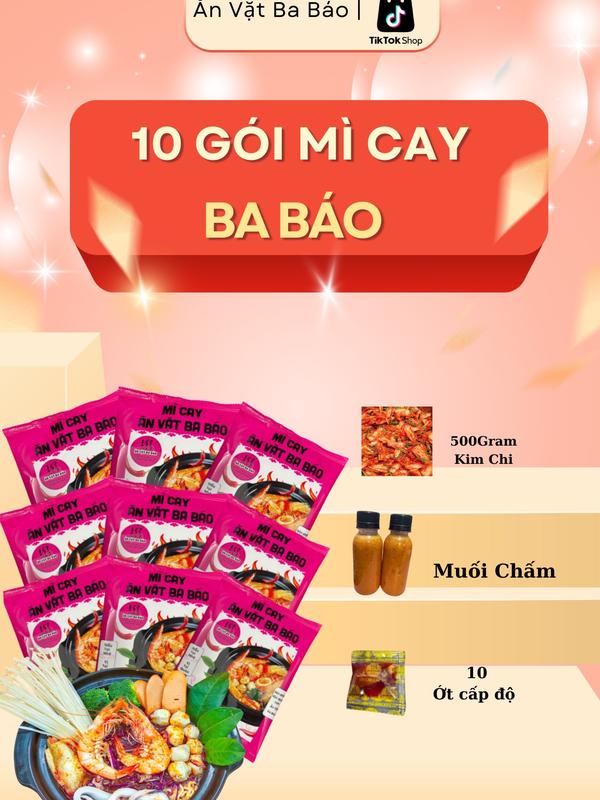 Combo 10 Gói Mì Cay Ăn Vặt Ba Báo Cốt Pha Sẵn Chuẩn Vị Quán ( 1 Gói Gồm Mì Và Súp ) Kèm 2 Muối Chấm , 1 Ớt Độ , 500G Kim Chi