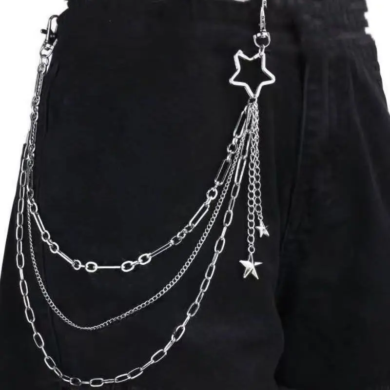 【Capaia】Celana Rantai Logam Trendi Gaya Retro Punk Hip-hop Liontin Bintang Jeans Berlapis-lapis