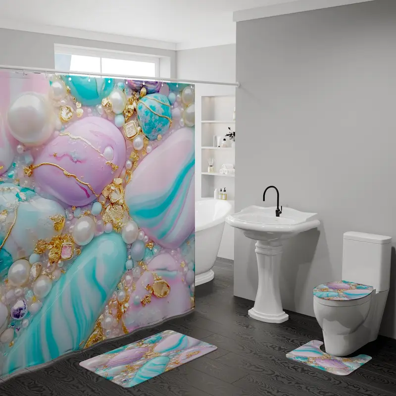 Gem Series Shower Curtain Set, 4 Counts/set Including Shower Curtain & Toilet Lid Cover & Rectangular Mat & U-shaped Mat, Bathroom Decor Supplies 0