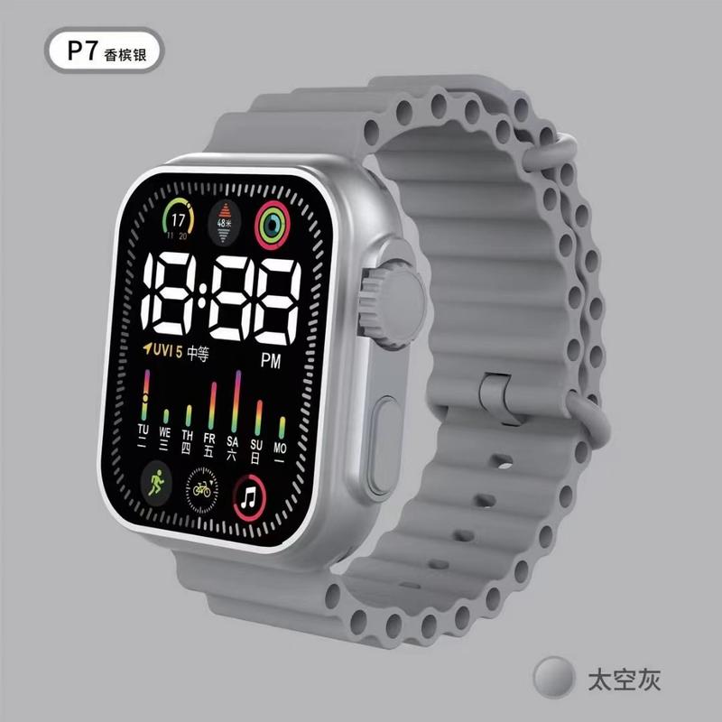 Product Introduction of Cross-Border New LED Electronic Watch P7 Champagne Silver Fashion Digital Sports Children'S Student LED Electronic Watch Wholesale 14