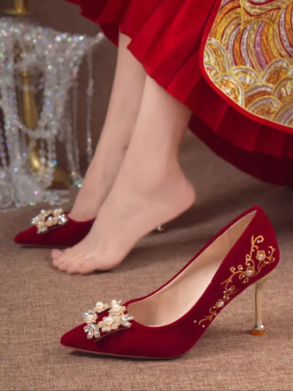 Women's Fashionable Rhinestone & Faux Pearl Decorated Spool Heel & Low Heel Shoes, Elegant Pointed Toe Heel Shoes for Party, Daily Clothing Decor for Women & Girls 1