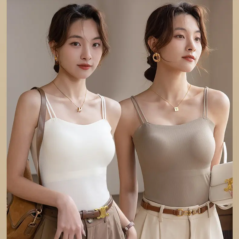 Spaghetti Strap Top 20256611   Hyaluronic Acid Skin Care Ice Silk Seamless Camisole Women with Chest Pad Fixed Cup Fashion All-Match Bottoming Top