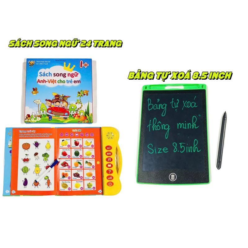 COMBO 2 món gồm Sách song ngữ điện tử 24 trang và bảng tự xoá 8.5inch cho bé từ 1-7 tuổi