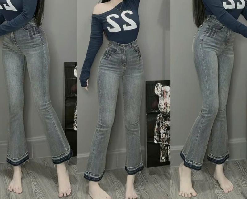   -Loe Lỡ  90 Cm   T. Quần jean nữ ống le lỡ 90 cm lưng cao vai mềm mịn 