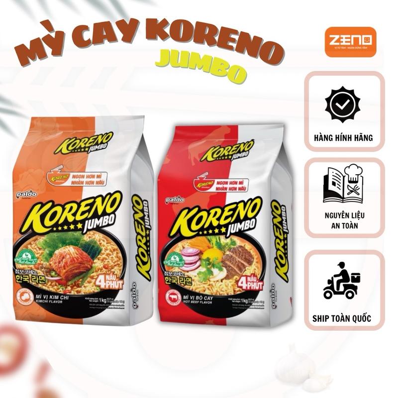 10 Gói Mì cay KORENO JUMBO ,có 2 vị:  bò cay, kim chi ,chuyên dùng để nấu mì cay, 1 Lốc 10 gói