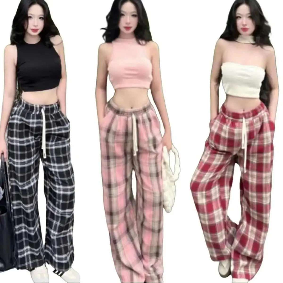 Quần kẻ caro nhiều màu mặc quanh năm ống suông dài form rộng cạp chun co giãn cho nữ top women kẻ ô kẻ bbr kẻ hồng quần  lv