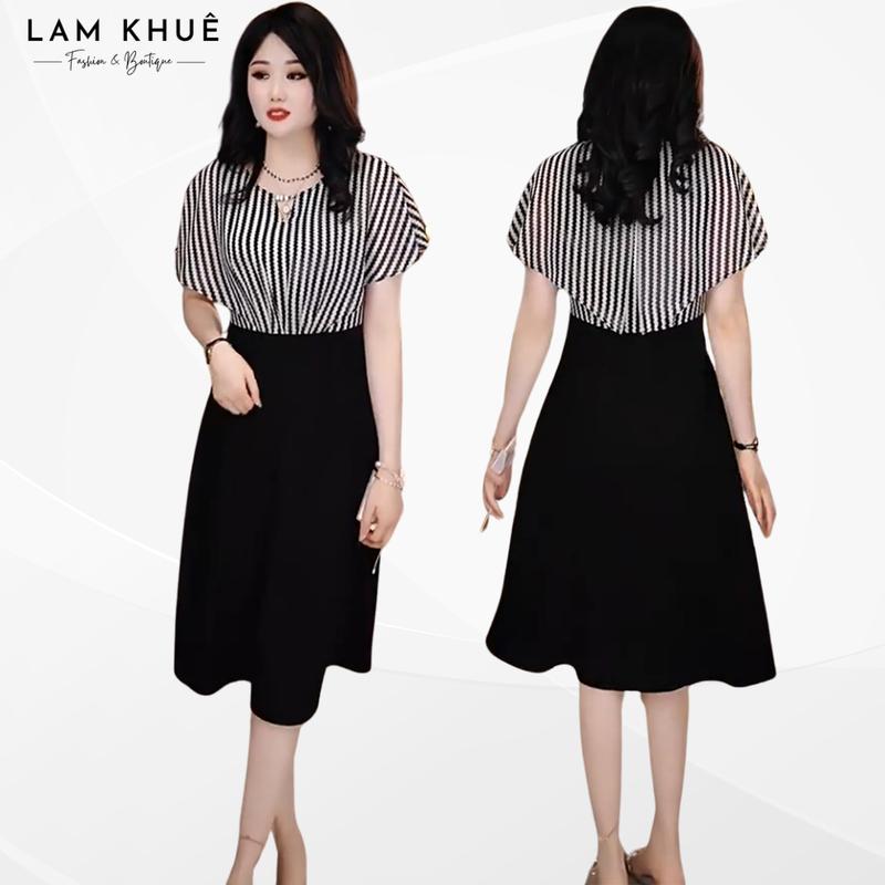 LAM KHUÊ Đầm Trung Niên Cổ Tròn Phối 3 Hạt Cườm Thân Lụa 2 Lớp Họa Tiết Sọc Tay Cánh Tiên Che Khuyết Điểm Tùng Xòe Thun Co Giãn