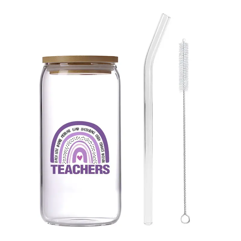 16oz Glass Cup, 1 Count Letter Pattern Glass Cup with Straw & Brush, Drinking Cup for Home Office School, Gift for Teacher 0