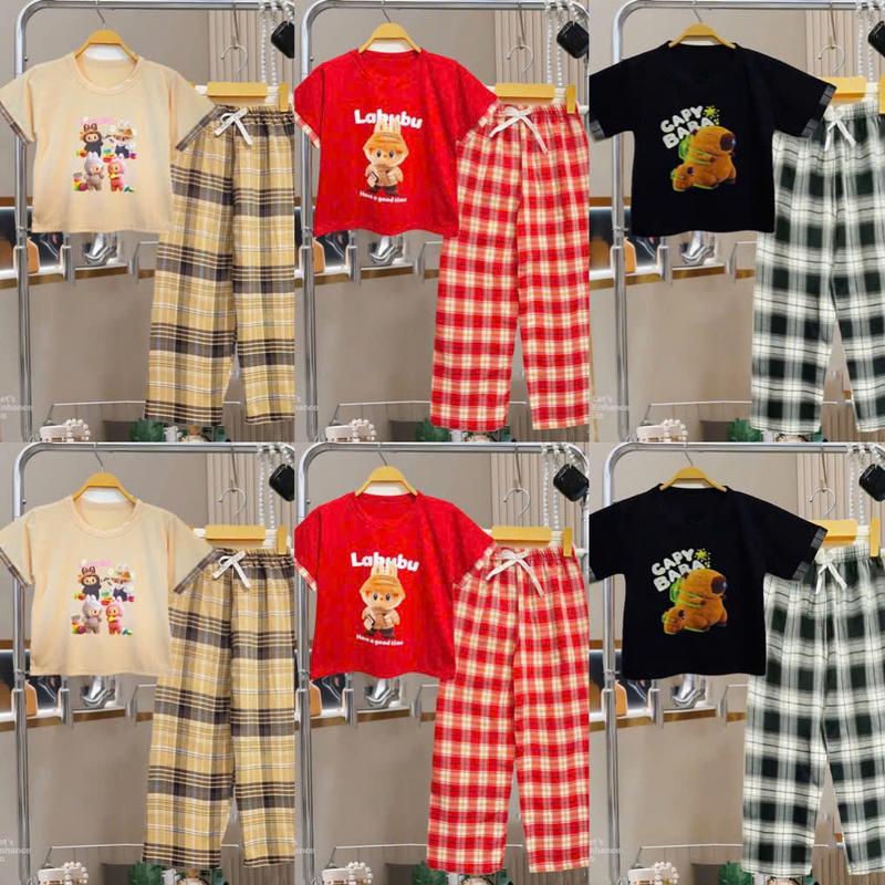 Combo 3 bộ áo cộc quần kẻ xuông cho bé gái size 10-55kg hình in Labubu hot hot Cotton