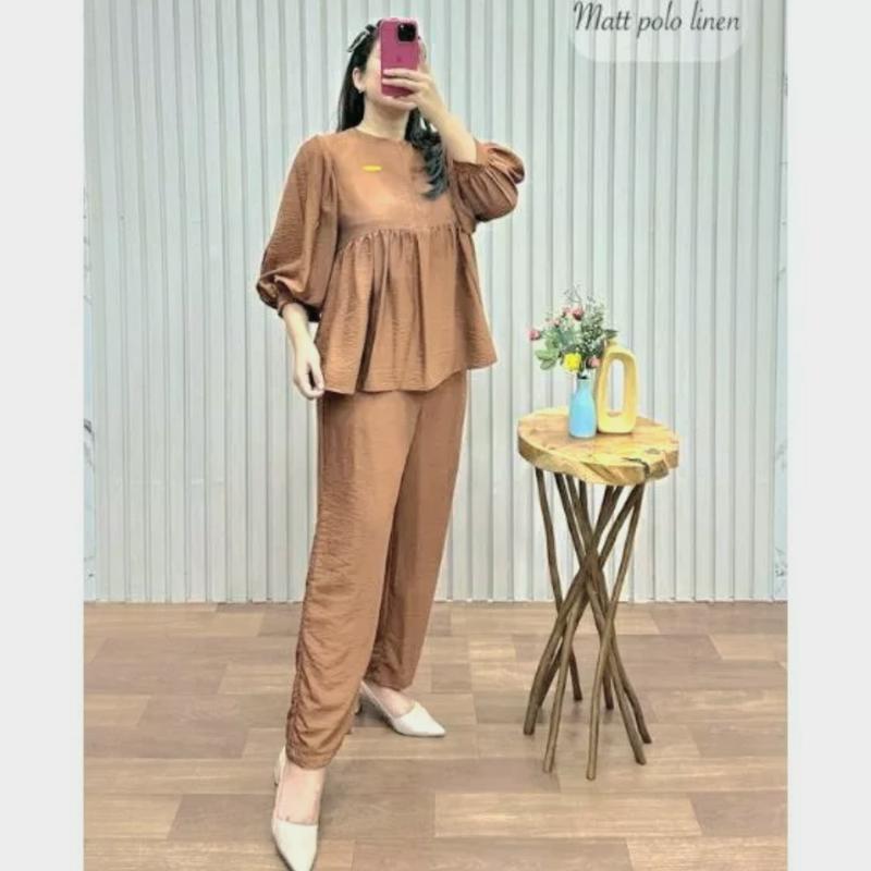 One set donita / baju setelan celana panjang / baju setelan modern / one set kekinian adem Atasan Biru Hijau Kancing Katun Linen 3