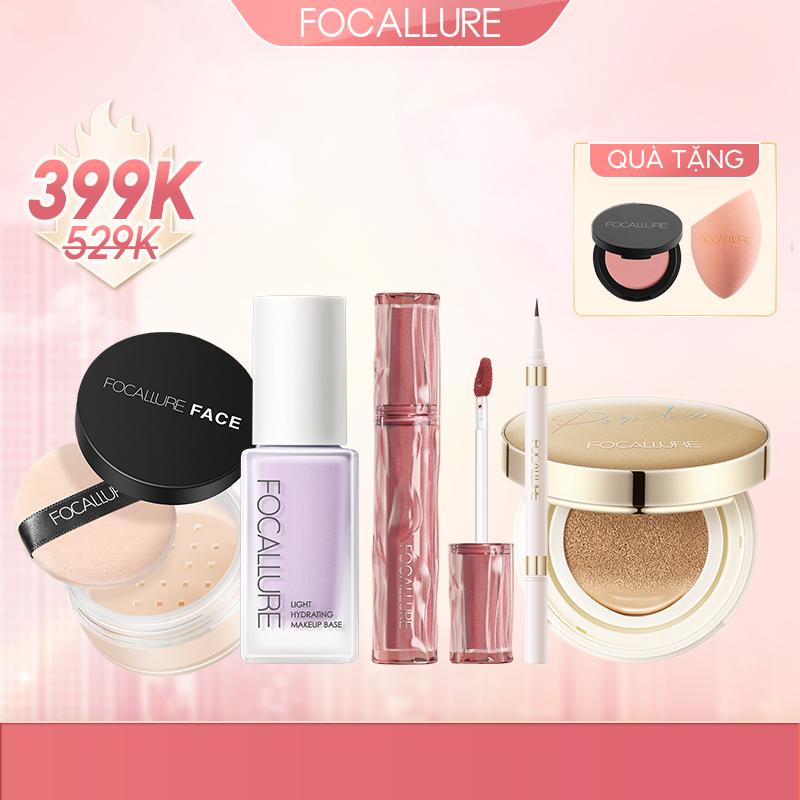 FOCALLURE Kem lót làm sáng da + kem che khuyết điểm + phấn phủ kiểm soát dầu + bút kẻ mắt + bộ trang điểm mặt nhung môi