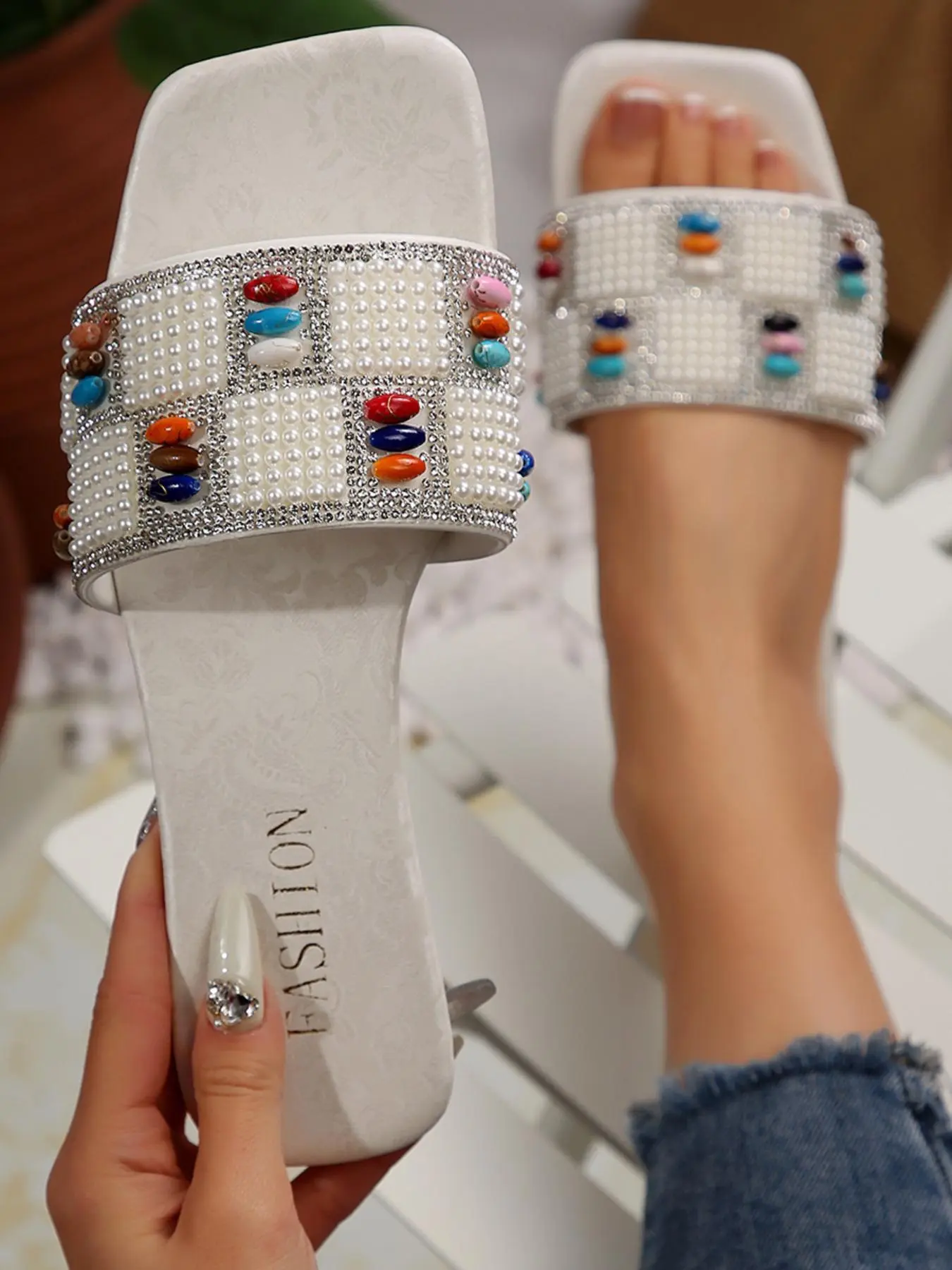 Fashionable Rhinestone Decorated Slides, Elegant Square Toe Slides for Beach, Casual Comfortable Slides for Indoor & Outdoor Wear, Walking Shoes