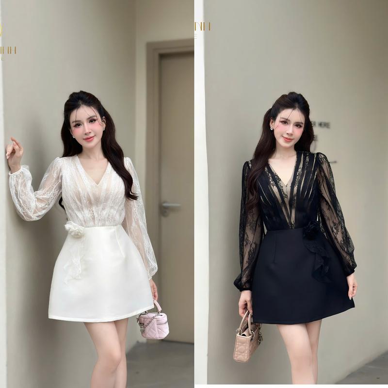 [Kiều Linh]-Váy Dự Tiệc Thiết Kế tay dài KL173 chất liệu Ren hoa phối chân váy Tafta trơn Đính Hoa eo Nữ Dress