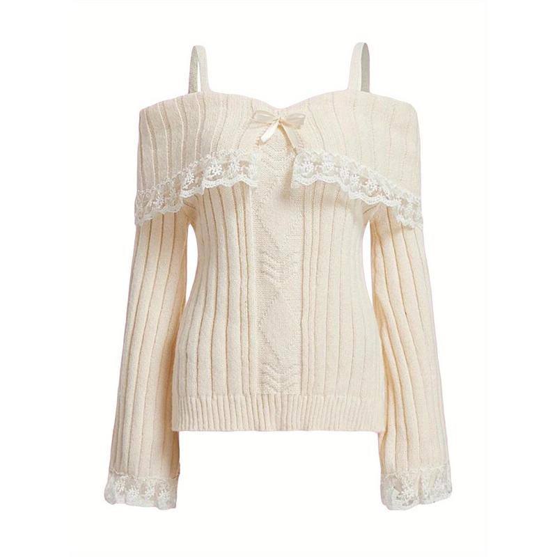 TikTok Shop Womens Vintage Long Sleeve Cold Shoulder Sweater Soft Micro Elasticity Knit Fabric Contrast Lace Details Bow Front Machine Washable Fall Season Solid Color Jumper Top