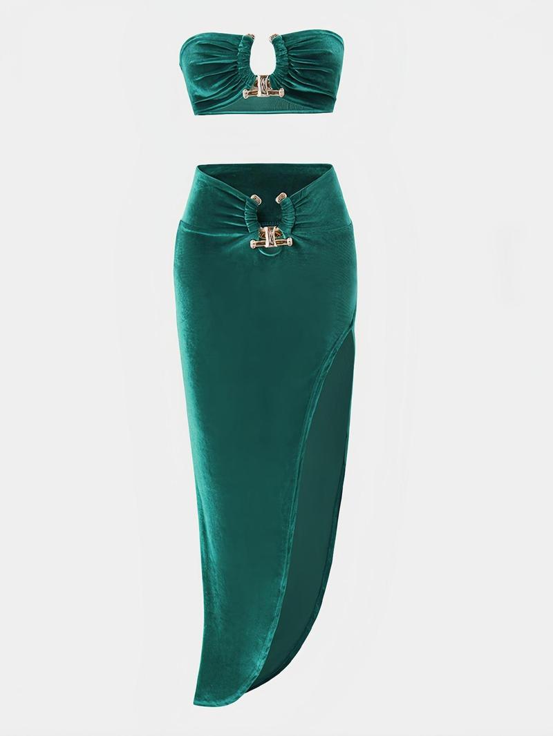 Product Introduction of Two-Piece Set Women's Solid Color Chain Decor Ruched Crop Tube Top & Split Thigh Asymmetrical Hem Skirt, Elegant Fashion Outfits for Daily Outdoor Wear, Ladies Clothes for All Seasons 1