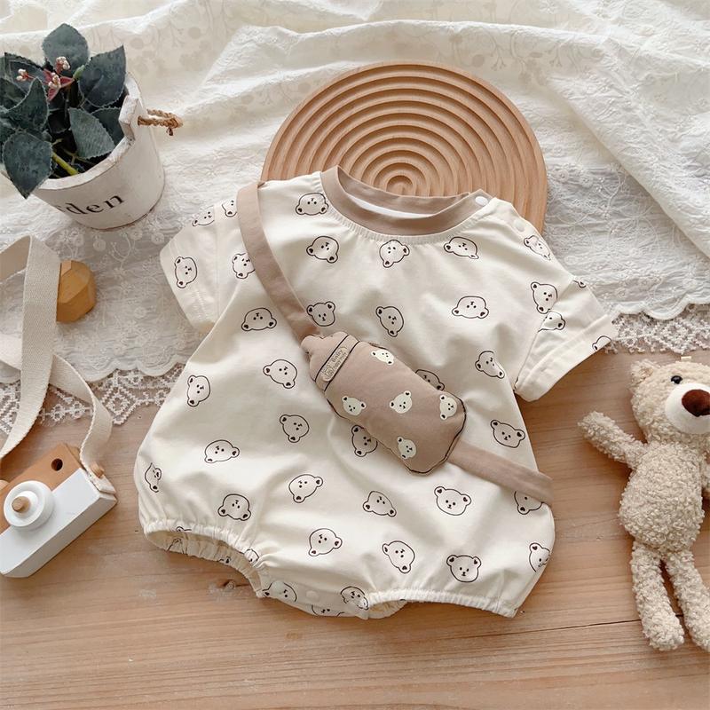 Quần Áo Trẻ Em, Áo Liền Thân Tay Ngắn Chất Cotton Phụ Kiện Bình Sữa Phong Cách Hàn Quốc Thời Trang Mùa Hè Xinh Xắn Cho Bé 0-18 Tháng Tuổi Len Kem