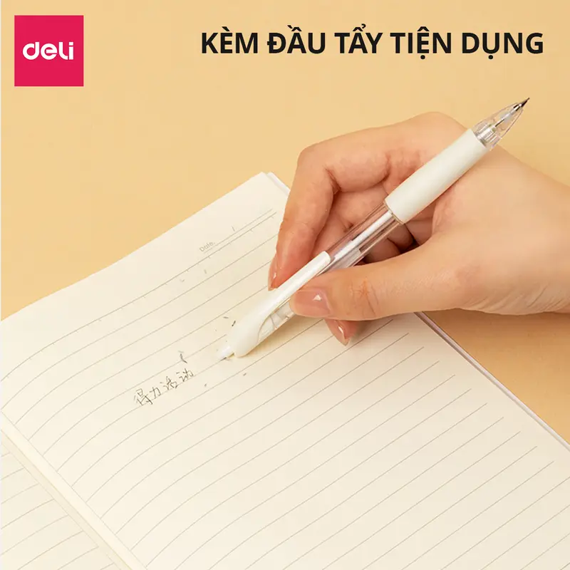 Bút chì kim ngòi 0.5mm màu trắng dễ thương cao cấp Deli phiên bản cải tiến có đầu tẩy cho học sinh văn phòng nhỏ gọn tiện lợi basic 4