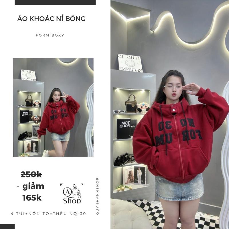 ÁO KHOÁC NỈ DỆT FORM RỘNG THÊU CHỮ NQ30-FORUM 4TÚI + size 40kg-70kg Top Hoodie