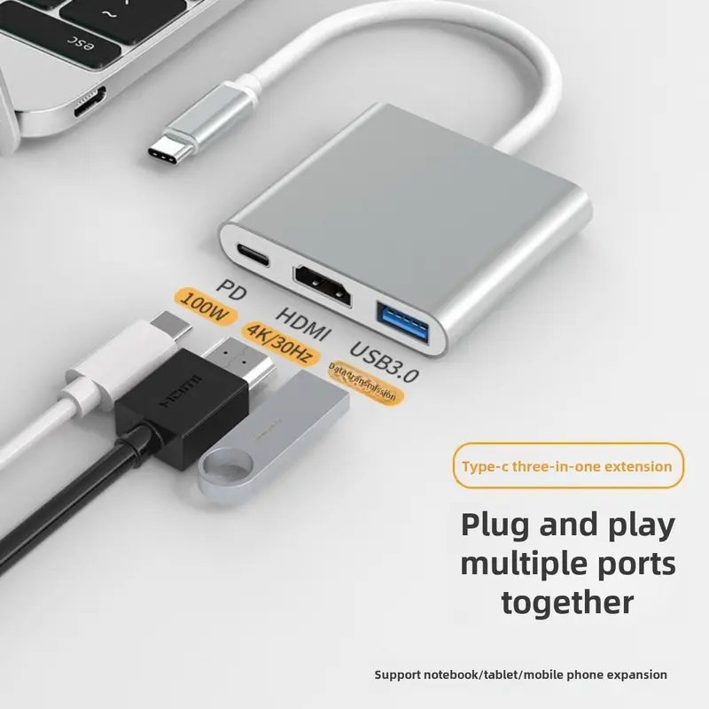Tiga Device Usb Stesen Dok Tiga Dalam Satu, Jenis-c ke hdmi, Hab Penyesuai Projektor ...
