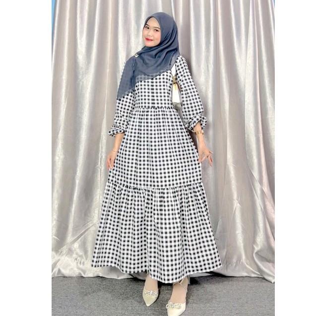 Zaina Dress Gamis Lebaran Kekinian Motif Kotak Kotak Gamis Busui Friendly OOTD Dressah Dress Kotak Kotak Katun Gamis Ied Dewasa Midi Muslim Wanita Mocca 1