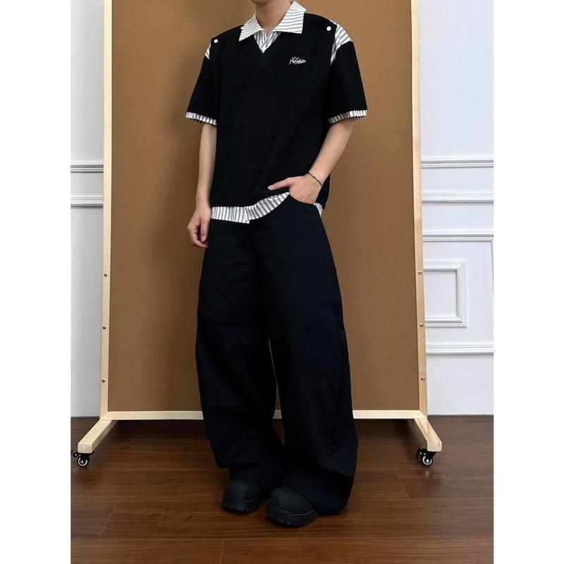 Áo Thun Cổ Polo Thêu, Thiết Kế Ghép Nối Giả Hai Mảnh, Áo ngắn Tay Dáng Rộng Rãi, Hợp Xu hướng, Dành Cho Nam Giới, Hàng Mới Về Mùa Hè 2025 4