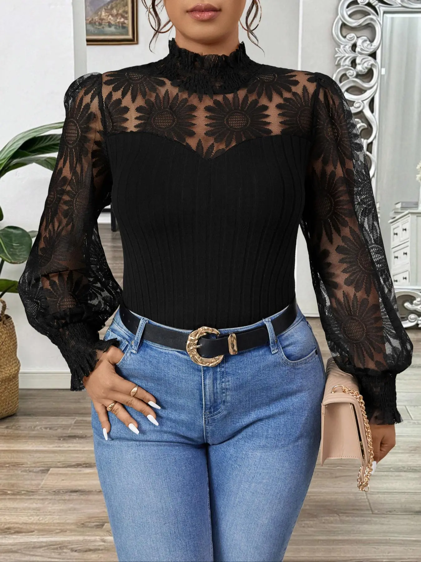【Plus Size】 Contrast Lace Sheer Bishop Sleeve Tee, Elegant Long Sleeve Mock Neck T-shirt for Spring & Fall, Women's Clothes for Daily Wear